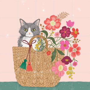 IXXI Cat Floral, Bethan Janine - 100 x 100 cm - Gratis ophangtool - Grote wanddecoratie en posters - Kleurrijk, Speels, Illustraties, Fantasierijk
