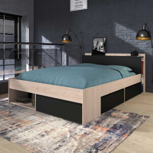 Bed Most 160x200cm - eik/zwart - Parisot - Tweepersoons bedkader - Bruin; Zwart - Spaanplaat Tweepersoons Normaal bed