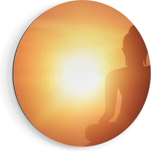 Artaza Dibond Muurcirkel Silhouet Van Een Boeddha Beeld Met Zonsondergang - Ø 90 cm - Groot - Wandcirkel - Rond Schilderij - Voor Binnen en Buiten