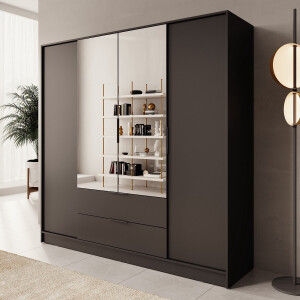 Meubella - Kledingkast Kaelum - Zwart - 206 cm - Met spiegel