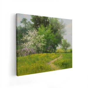 Artaza Canvas Schilderij Schilderij van een Bloeiende Lentetuin met een Pad door Gele Bloemen - 50x40 cm - Wanddecoratie Woonkamer - Schilderijen - Muurdecoratie