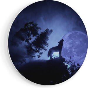 Artaza Forex Muurcirkel Huilende Wolf In Silhouet Bij Volle Maan - 90x90 cm - Groot - Wandcirkel - Rond Schilderij - Muurdecoratie Cirkel