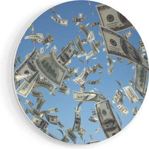 Artaza Forex Muurcirkel Dollarbiljetten in de Lucht - Geld - 90x90 cm - Groot - Wandcirkel - Rond Schilderij - Muurdecoratie Cirkel