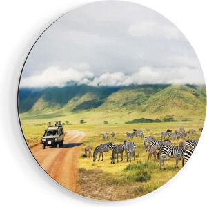 Artaza Dibond Muurcirkel Safari Auto tussen de Zebra's - Ø 60 cm - Wandcirkel - Rond Schilderij - Voor Binnen en Buiten