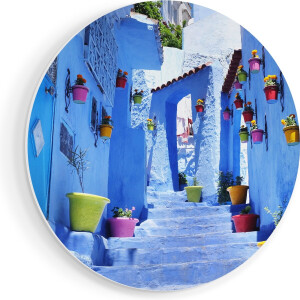 Artaza Forex Muurcirkel Blauwe Huizen met Bloempotten in Chefchaouen, Marokko - 40x40 cm - Klein - Wandcirkel - Rond Schilderij - Wanddecoratie Cirkel