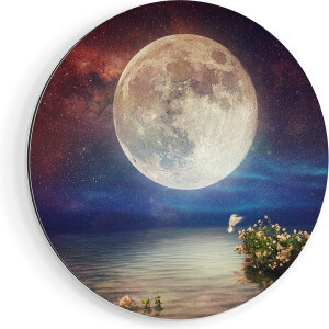 Artaza Dibond Muurcirkel Volle Maan in de Hemel boven het Water - Ø 90 cm - Groot - Wandcirkel - Rond Schilderij - Voor Binnen en Buiten