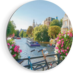 Artaza Dibond Muurcirkel Amsterdamse Kanaal Met Bloemen - Ø 80 cm - Groot - Wandcirkel - Rond Schilderij - Voor Binnen en Buiten