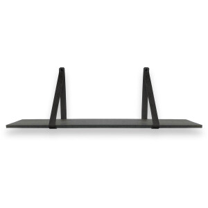 Eiken Wandplank 110 x 20 cm – Zwart – Inclusief Zwarte Leren Riemen – Industriële Houten Plank – 18 mm Dikte