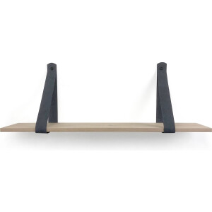Eiken wandplank 18 mm 50 x 30 cm met leren riemen grijs - Eikenhouten wandplank - Wandplank hout - Leren plankdragers - Wandplank industrieel