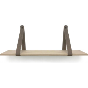 Eiken wandplank 18 mm recht 110 x 30 cm met leren riemen bruin - Eikenhouten wandplank - Eiken wandplank - Leren plankdragers - Fotoplank