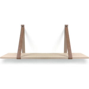 Eiken wandplank 18 mm recht 110 x 30 cm met leren riemen cognac - Eikenhouten wandplank - Eiken wandplank - Leren plankdragers - Fotoplank