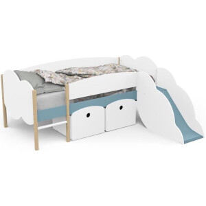 DEMEYERE Schuifbed - 90 x 200 cm - Lattenbodem - 2 Laden - Wit en stormblauw decor