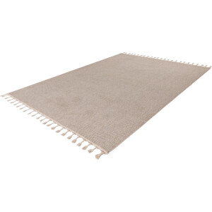 Lalee Tunis plat geweven vloerkleed uni effen tapijt laagpolig met grote franjes tijdloos 200x290cm beige