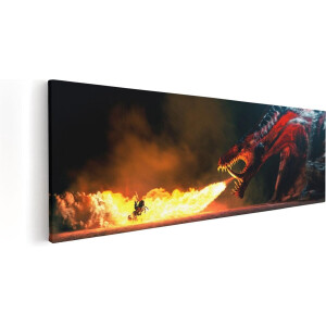 Artaza Canvas Schilderij Draak Spuwt Vuur op een Paard en Knecht - 90x30 - Foto Op Canvas - Canvas Print