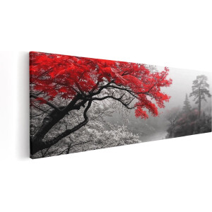 Artaza Canvas Schilderij Boom met Rode Bladeren in de Mist - 90x30 cm - Wanddecoratie Woonkamer - Schilderijen - Muurdecoratie