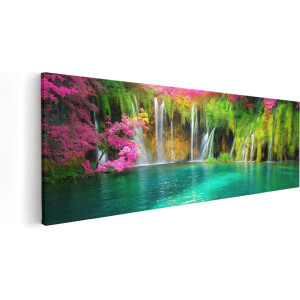 Artaza Canvas Schilderij Waterval Met Roze En Groene Bloemen - 90x30 - Foto Op Canvas - Canvas Print