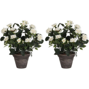 Mica Decorations Kunstplant - 2x - rozen - wit - in grijze pot - 33 cm