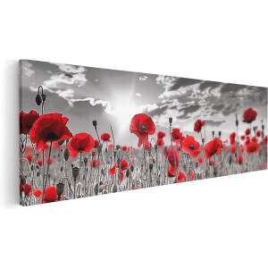 Artaza Canvas Schilderij Veld van Rode Klaprozen - Bloemen - 90x30 cm - Wanddecoratie Woonkamer - Schilderijen - Muurdecoratie