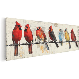 Artaza Canvas Schilderij Vogels Op Tak - 120x40 cm - Groot - Wanddecoratie Vogels - Muurdecoratie Roodborstje - Schilderijen Op Canvas Dieren