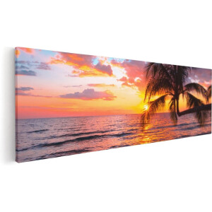 Artaza Canvas Schilderij Zonsondergang Strand - 90x30 cm - Wanddecoratie Zee - Muurdecoratie Palmboom - Schilderijen Op Canvas