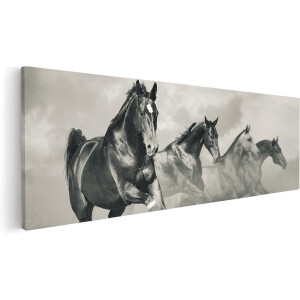 Artaza Canvas Schilderij Vier Paarden Naast Elkaar - Zwart Wit - 120x40 - Groot - Foto Op Canvas - Canvas Print
