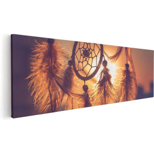 Artaza Canvas Schilderij Dromenvanger - 90x30 cm - Wanddecoratie Zonsondergang - Muurdecoratie Veren - Spirituele Decoratie