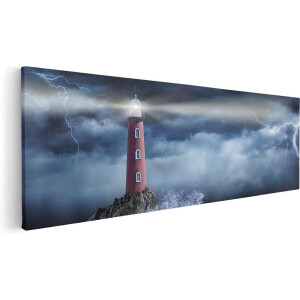 Artaza Canvas Schilderij Vuurtoren op een Storm Zee met Golfen Water - 60x20 cm - Wanddecoratie Woonkamer - Schilderijen - Muurdecoratie