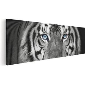 Artaza Canvas Schilderij Tijgerkop Met Blauwe Ogen - Zwart Wit - 120x40 cm - Groot - Wanddecoratie Woonkamer - Schilderijen - Muurdecoratie