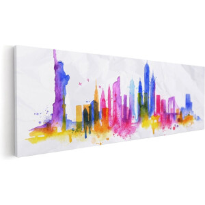 Artaza Canvas Schilderij Skyline New York - 90x30 cm - Wanddecoratie Aquarel - Muurdecoratie Vrijheidsbeeld - Schilderijen Op Canvas Abstract
