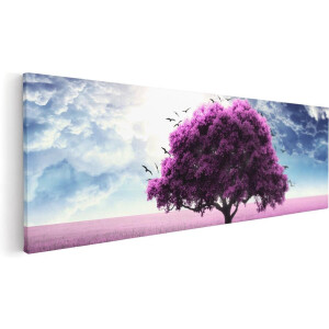 Artaza Canvas Schilderij Paarse Boom In Het Paars Veld Met Vogels - 90x30 - Foto Op Canvas - Canvas Print