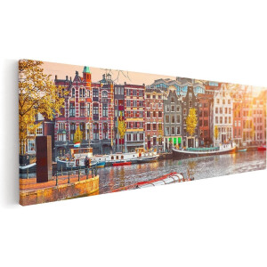 Artaza Canvas Schilderij Amsterdam - 120x40 cm - Groot - Wanddecoratie Grachten - Muurdecoratie Skyline - Schilderijen Op Canvas Zonsondergang