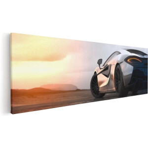 Artaza Canvas Schilderij Zilveren Sportwagen Auto Bij Zonsondergang - 120x40 - Groot - Foto Op Canvas - Canvas Print