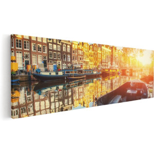 Artaza Canvas Schilderij Amsterdam - 120x40 cm - Groot - Wanddecoratie Grachten - Muurdecoratie Zonsondergang - Schilderijen Op Canvas Boot