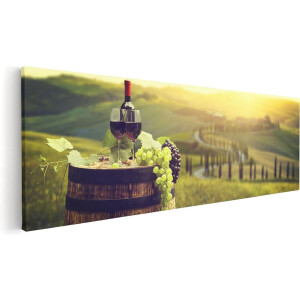 Artaza Canvas Schilderij Wijn met Druiven op een Vat in Toscane - 90x30 - Foto Op Canvas - Canvas Print