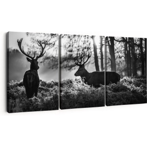 Artaza Canvas Schilderij Drieluik Twee Herten tijdens de Zonsondergang - Zwart Wit - 90x40 - Foto Op Canvas - Canvas Print