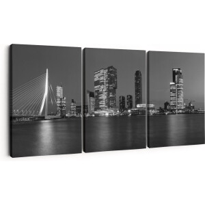 Artaza Canvas Schilderij Drieluik Rotterdamse Skyline - Zwart Wit - 90x40 - Foto Op Canvas - Canvas Print