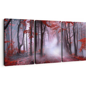 Artaza Canvas Schilderij Drieluik Rood Bos Met Bomen - 90x40 - Foto Op Canvas - Canvas Print