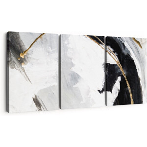 Artaza Canvas Schilderij Drieluik Abstracte Kunst - Wit met Zwart en Goud - 180x80 - Groot - Foto Op Canvas - Canvas Print