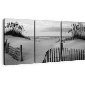 Artaza Canvas Schilderij Drieluik Strand en Zee - Zwart Wit - 90x40 cm - Wanddecoratie Woonkamer - Schilderijen - Muurdecoratie