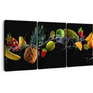 Artaza Canvas Schilderij Drieluik Fruit Met Water Op Zwart Achtergrond - 180x80 - Groot - Foto Op Canvas - Canvas Print