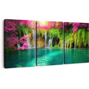 Artaza Canvas Schilderij Drieluik Waterval Met Roze En Groene Bloemen - 180x80 - Groot - Foto Op Canvas - Canvas Print