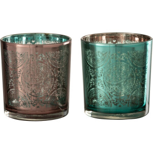 J-Line windlicht Oosters - glas - azuur/koper - small - 2 stuks