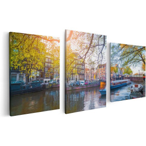 Artaza Canvas Schilderij Drieluik Amsterdamse Gracht Tijdens Het Voorjaar - 120x60 - Foto Op Canvas - Canvas Print