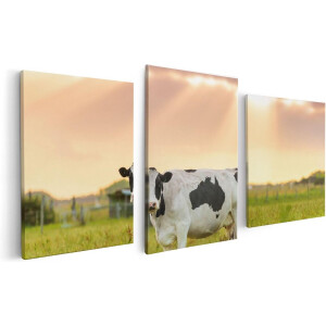 Artaza Canvas Schilderij Drieluik Zwart Wit Koe In De Wei Bij Zonsopkomst - 120x60 - Foto Op Canvas - Canvas Print