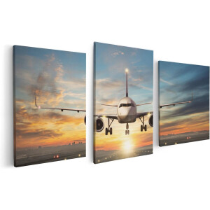 Artaza Canvas Schilderij Drieluik Vliegtuig Met Een Landing Op De Luchthaven - 120x60 cm - Wanddecoratie Woonkamer - Schilderijen - Muurdecoratie