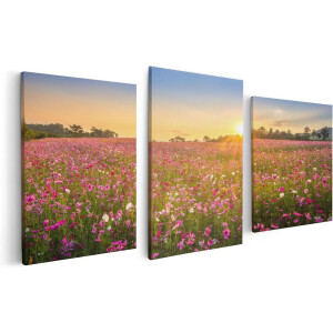 Artaza Canvas Schilderij Drieluik Bloemenveld Met Roze Kosmos  - 120x60 - Foto Op Canvas - Canvas Print