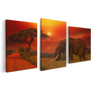 Artaza Canvas Schilderij Drieluik Olifant In Het Wild Tijdens Zonsondergang - 120x60 - Foto Op Canvas - Canvas Print