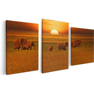 Artaza Canvas Schilderij Drieluik Olifanten In Het Wild - Zonsondergang - 120x60 - Foto Op Canvas - Canvas Print