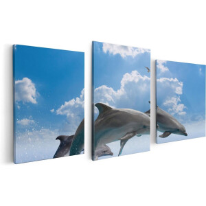 Artaza Canvas Schilderij Drieluik Dolfijnen Springen uit de Blauwe Zee - 120x60 - Foto Op Canvas - Canvas Print