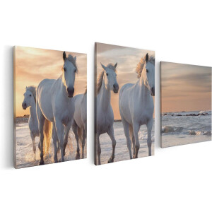 Artaza Canvas Schilderij Drieluik Witte Paarden Op Het Strand Bij Water - 120x60 - Foto Op Canvas - Canvas Print